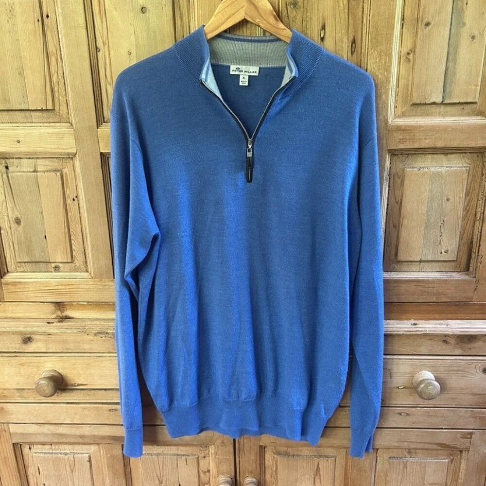 Peter Millar XL Sweater Men’s Blue 1/4 Zip Pullover Long Sleeve Merino Wool Silk - Picture 6 of 11